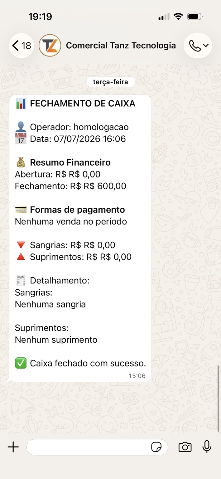 Exemplo real de mensagem automática de fechamento de caixa enviada pelo CRM Tanz no WhatsApp